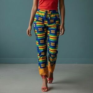 African Kente Cloth Colorful Slim Pants 100% Cotton Ankara Sz 28 Boho Tribal